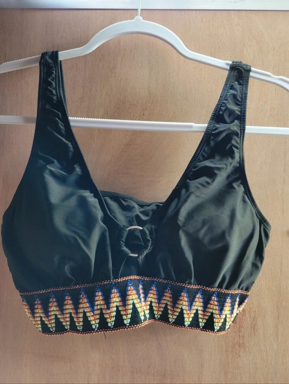 Black Women's V-Neck Swim Top with Multicolor Embroidered Band